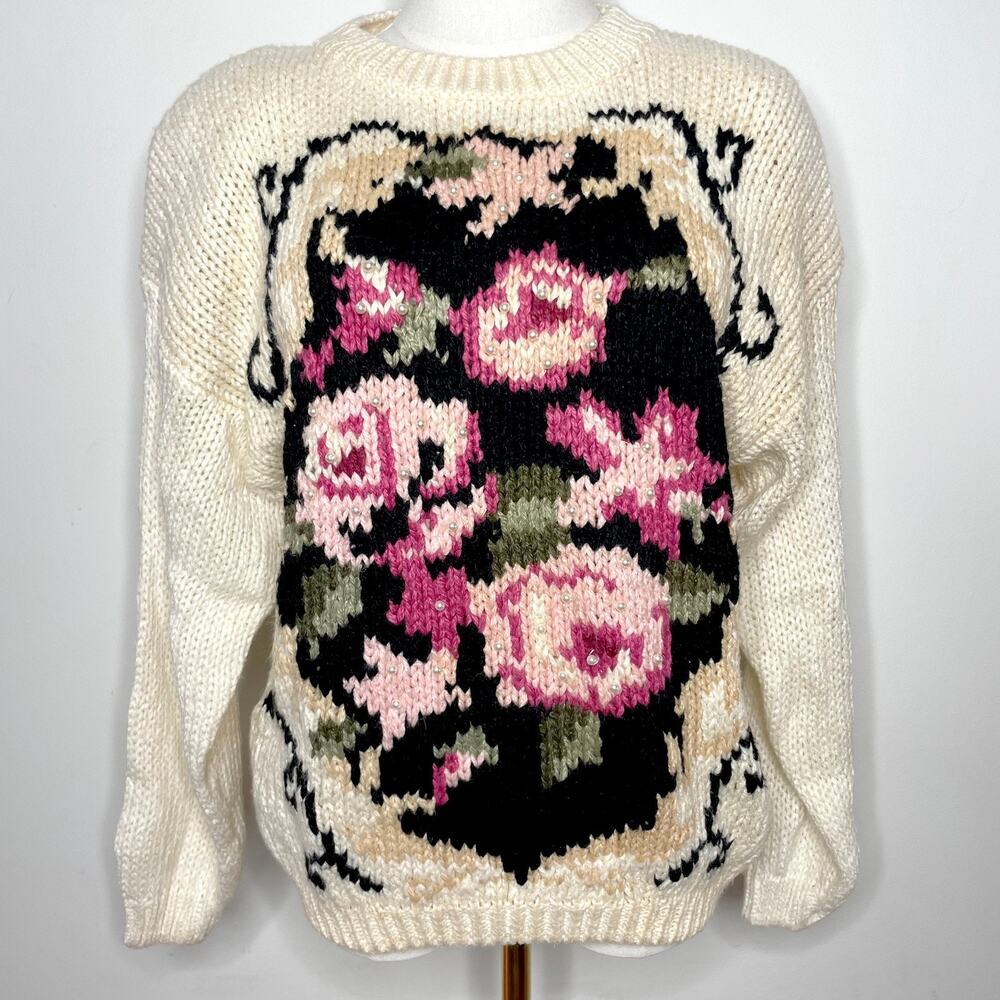 Vintage‎ 80s Deadstock Floral Pearl Boho Cottagecore Coastal Soft Girl Sweater L